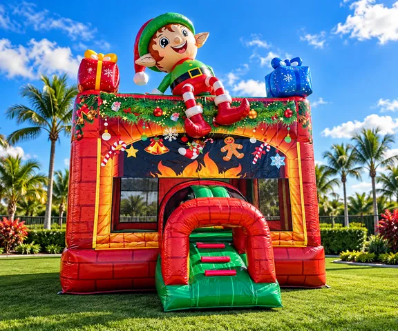 Christmas bounce house rental with a giant inflatable elf on top, presents, garland and a fireplace artwork panel