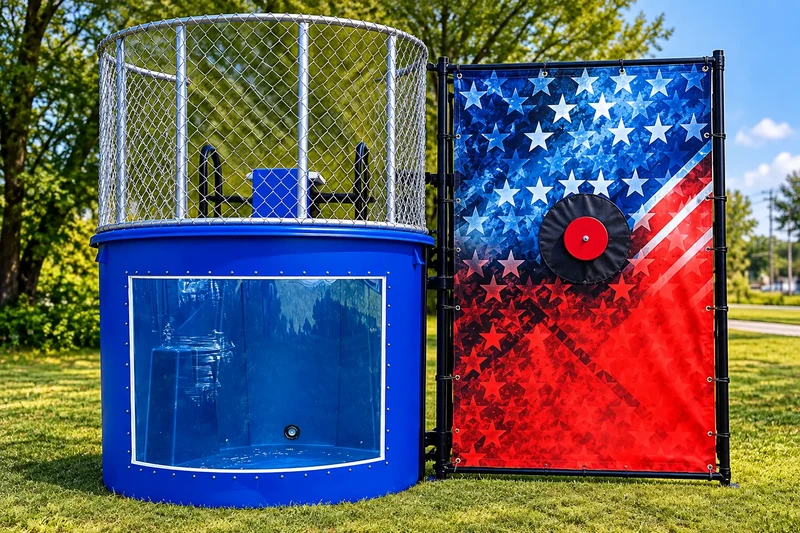 Blue dunk tank rental with clear viewing window, silver safety cage and American flag target backdrop