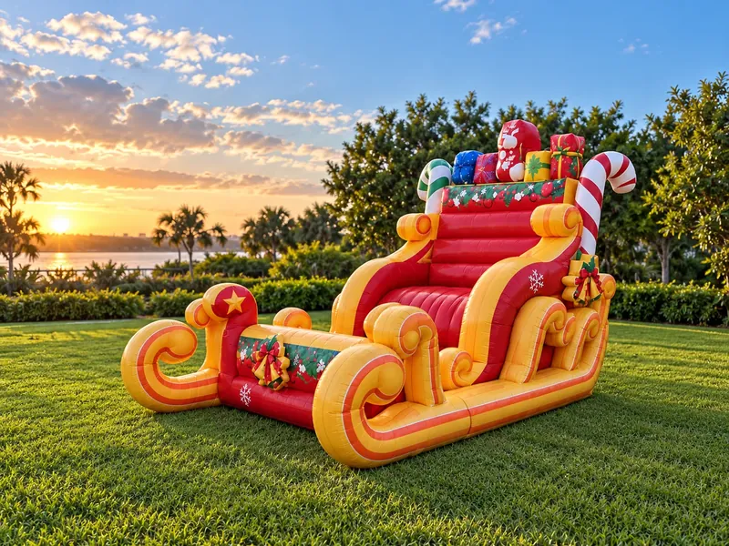 Giant red and gold inflatable Santa sleigh rental with presents and candy canes, set up on a lawn