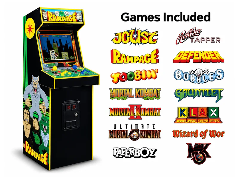 Rampage arcade rental cabinet with 14 included classic games from Millers Jump Time.