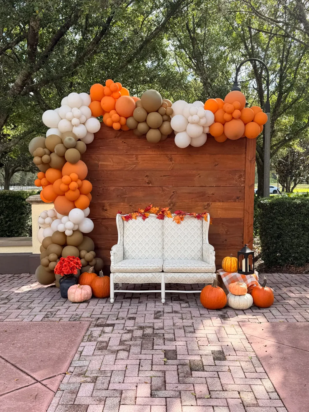 Fall balloon garland on a wooden backdrop with a white loveseat and pumpkins