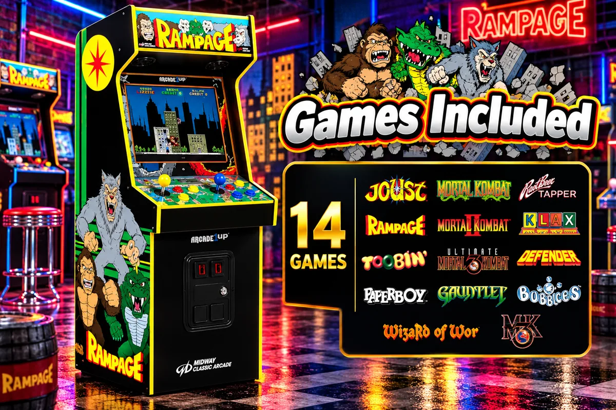 Rampage arcade rental cabinet with 14 included classic games from Millers Jump Time.