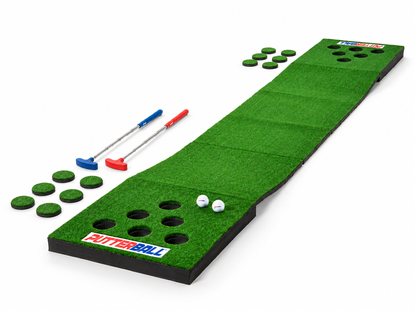 PutterBall golf game rental - 12 foot putting mat with two putters, golf balls and turf hole covers