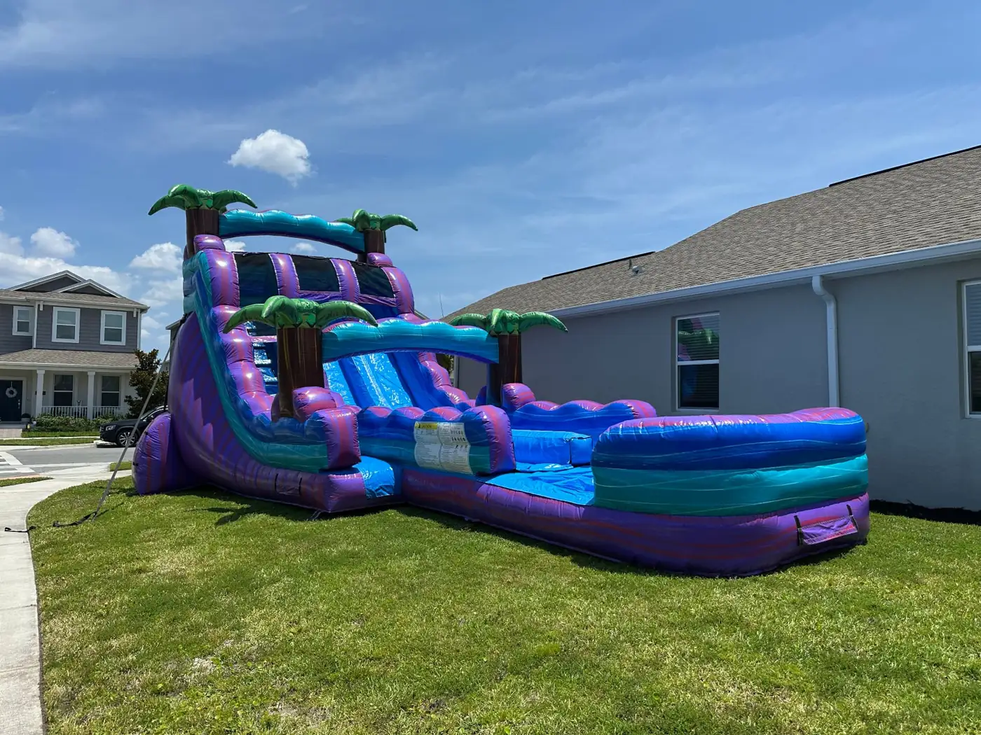 Purple palm-tree water slide with a blue splash lane beside a home