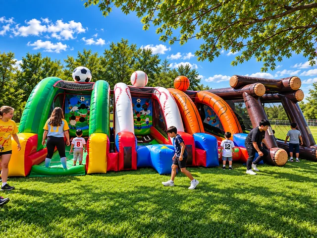 Inflatable sports games — soccer, baseball and basketball — set up on a grass field with kids playing