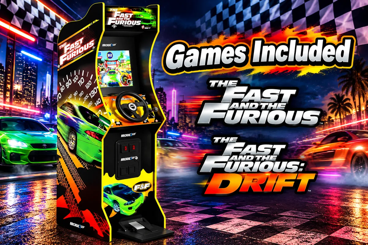 Fast & Furious racing arcade rental with steering wheel, pedal, shifter and two included games.