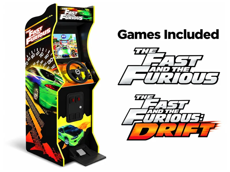 Fast & Furious racing arcade rental with steering wheel, pedal, shifter and two included games.